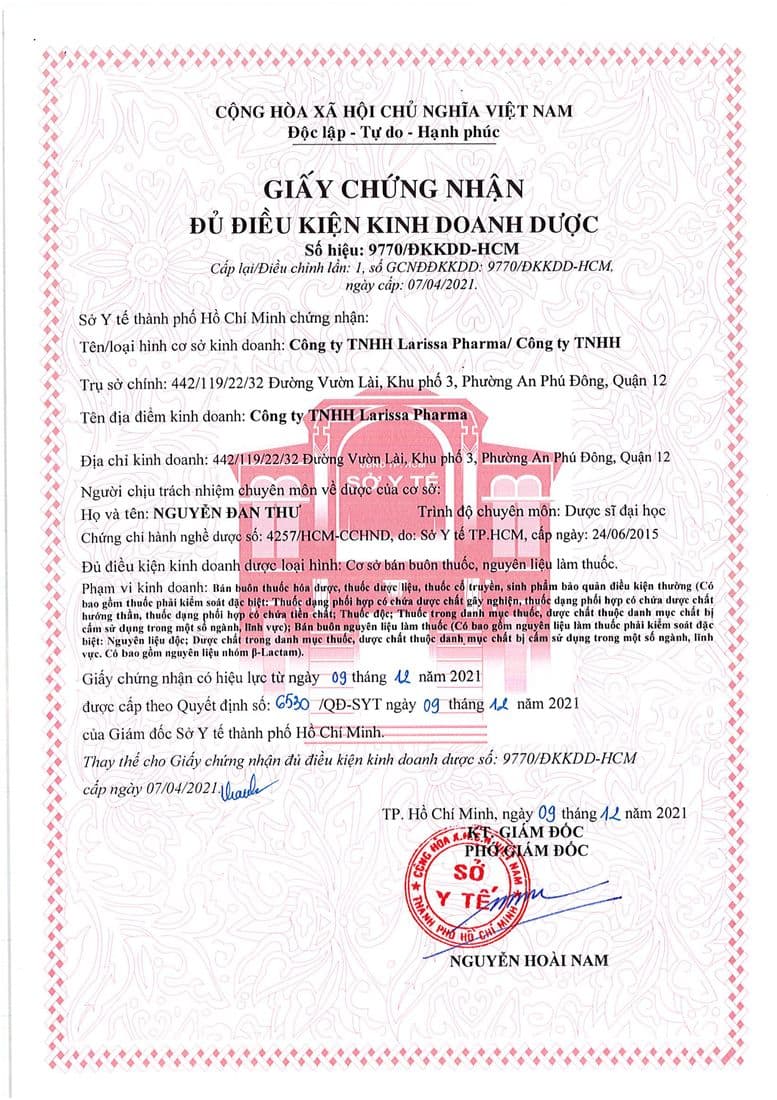 Mặt giấy Giấy chứng nhận đủ điều kiện kinh doanh dược số 9770/ĐKKDD-HCM