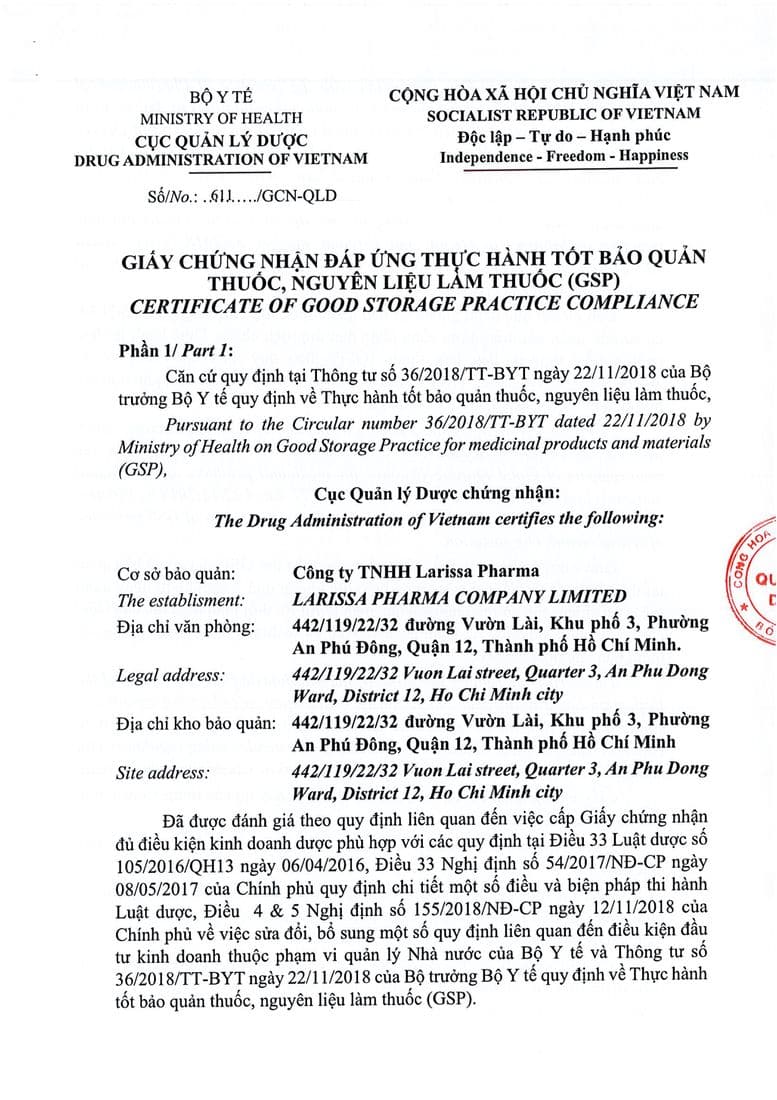 Mặt giấy Thực hành tốt bảo quản thuốc số 611/GCN-QLD
